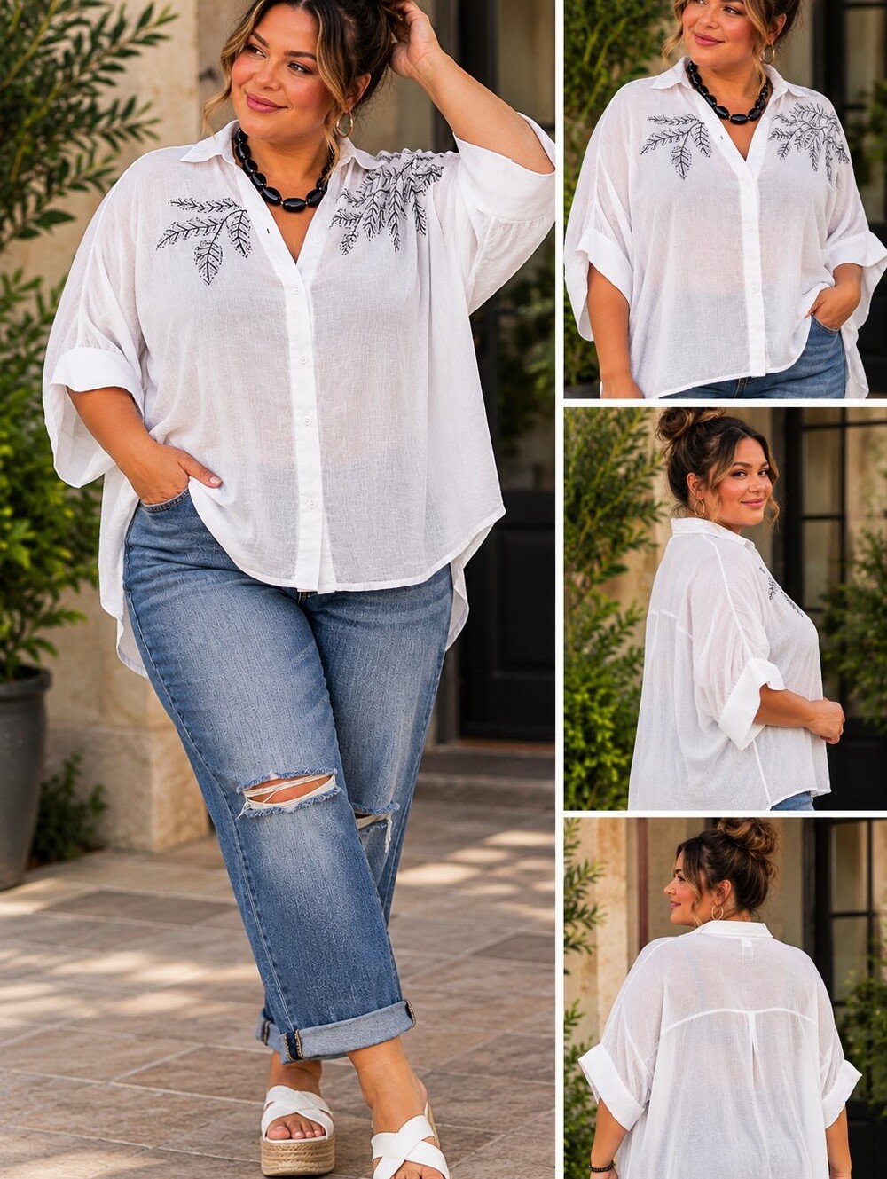 POL White Embroidered Hi-Low Oversized Button Down Tunic Shirt